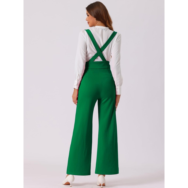 [Allegra K] Women's Suspender Jumpsuit Overalls Office Adjustable Straps Wide