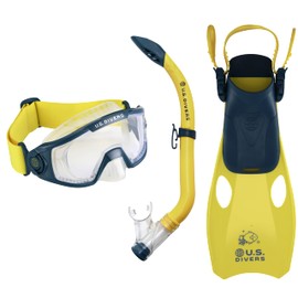 U.S. Divers Avila Kid II Snorkel Set - Curved 1-Window Lens, Splash Guard Snorkel, Easy Adjust Fins Buckles - Play Series | Unisex Children, Large/X-Large (Ages 4+), Navy Blue/Yellow (SR3920407LXL)