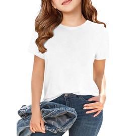 ZDC Girls' Short Sleeve Shirts Kids Crewneck T-Shirts Summer Tops Basic Tees 5-14 Years White