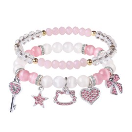 YUZHEJIE Kawaii Kitty Bracelet Stuff Matching Bracelets Set Cute Crystal Beads Cartoon Elastic Friendship Bracelets Jewelry Gifts for Women Girlfriend Best Friend Sister (Pink White)