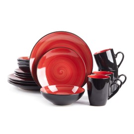 HomeVss Sonoma 16 Piece Stoneware Dinner Set Red, Outside Black + Inside Handpainted Color Red with speckle