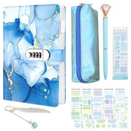 Diary with Lock for Girls, A5 PU Leather Journal Notebook with Lock Stickers Pencil Case, Secret Diary Gifts for Teen Girls 6-15 School, Password Locked Journals Blue Stationery Set for School Girls