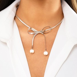 Jumwrit Boho Bow Choker Necklace Pearl Pendant Necklace Silver Snake Chain Necklace Dainty Bow Tie Necklace for Women