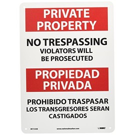 NMC M733AB Bilingual Security Sign, Legend "PRIVATE PROPERTY NO TRESPASSING VIOLATORS WILL BE PROSECUTED", 10" Length x 14" Height, Aluminum 0.40, Red/Black on White