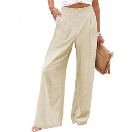 JEKAOYI Womens Casual Linen High Waist Wide Leg Pants Palazzo Boho Flowy Beach Vacation Lounge Trousers with Pockets Beige