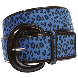 Ladies Patent Leather Faux Leopard Animal Fur Fashion Belt, Blue | M/L - 36