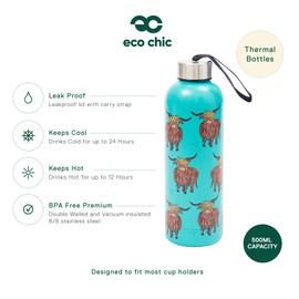 Eco Chic Reusable Thermal Bottle Stainless Steel Leakproof Insulated Water Bottle (Highland Cow Teal)