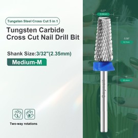 Cnynail 5 in 1 Cross Cut Nail Drill Bit, Tungsten Carbide Multi-Function Bit for Acrylic Nails, Hard Gels, Cuticles Removal, 3/32" Shank, Two-Way Rotation for Left & Right-Handed Use (M Grit, Silver)