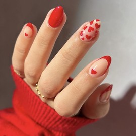 24Pcs Valentines Press on Nails Short Almond Fake Nails Red Hearts Design Acrylic Nails Glossy Glue on Nails Red French Tip False Nails Full Cover Stick on Nails Artificial Nails for Women