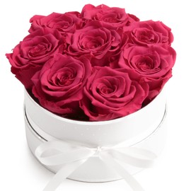 Rose Box Pink Round Infinity Roses - Flower Box 8 Real Roses Durable 3 Years Diameter 15 cm - Gift for Women (White/Pink)