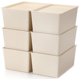 6 Pcs Storage Bins with Lids Small Plastic Storage Containers Stackable Storing Baskets Box for Organizing Shelves (Beige)