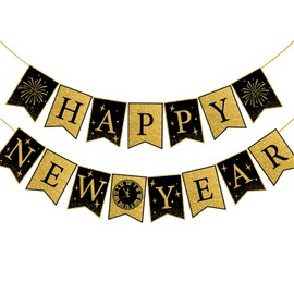 Happy New Year Banner Decorations Pre Assembled Glitter Gold Black Firework Design banner with for New Year Eve Party Home Office Holiday Celebrations