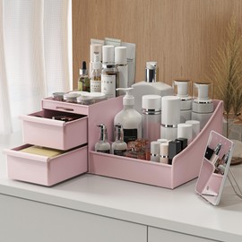DancesCat Makeup Organizer Countertop, Vanity Organizer with Drawers for Cosmetics, Skincare, Brushes, Perfume, Skincare Organizer for Vanity, Perfume Organizer for Dresser, Bathroom (Pink&2 Drawers)