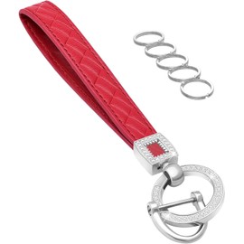 ALUNME Leather Wristlet Keychain with Crystal Accents, Gold D-Ring and 5 Key Rings (Red Silver)