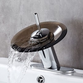 RODDEX Waterfall Bathroom Sink Faucet Unique Brass Modern Circle Brown Glass Waterfall Faucet for Vanity Single Hole Pedestal Sink Faucets One Handle Corner Sink Bathroom Faucet, olished Chrome