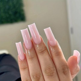 Pink Press On Nails Long Square Fake Nails Solid Color False Nails Full Cover Stick On Nail Acrylic Artificial Reusable Glue On Nail For Women Manicure Art Decorations 24pcs