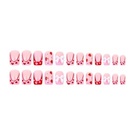 Valentine's Day Press on Nails Square Medium Fake Nails with Heart Bow Strawberry Designs Glossy Glue on Nails Pink Red French Tip Acrylic Nails Valentines False Nails Stick on Nails for Women 24Pcs