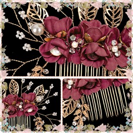 Bridesmaid Hair Accessories, Wedding Hair Side Combs and Flower Hair Pins for Women and Girls, Bridal Hair Pieces for Wedding or Ball - Burgundy