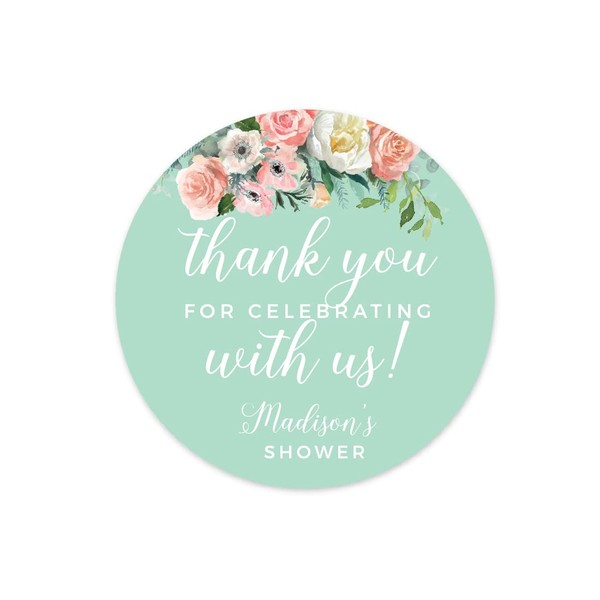 Andaz Press Peach Mint Green Floral Garden Party Wedding Collection, Personalized Round Circle Label Stickers, Thank You for Celebrating with US, 40-Pack, Custom Name