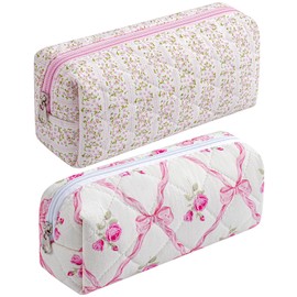 HHQQWZ Cute Floral Cotton Makeup Brush Cosmetic Bag for Women, Travel Quilted Zipper Make Up Bag, Flowers Toiletry Organizer Case Kawaii Makeup Cosmetic Travel Cloth Pouch (Pink+Pink Bowknot)