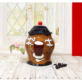 ACK Tuscany Hand Painted Fleur De Lis Coffee Design Collection Ceramic Cookie Jar with Lid, Food Storage Jar, Kitchen Décor, Snack Storage Container for Cookie, Candy