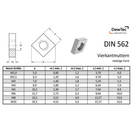 DewTec Pack of 50 M3 Square Nuts Flat (Low Shape) DIN 562 - Galvanised - Insert Nut Square Nut 3 mm