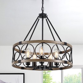 Farmhouse Chandelier for Dining Room 5-Light Black Rustic Drum Chandeliers 21.25" Wood Texture Adjustable Pendant Light Fixture for Kitchen Island Entryway Bedroom Hallway