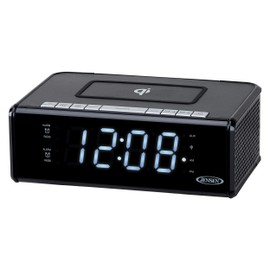 Jensen QiCR-200 Dual Alarm Clock Radio with Qi Charging, White, 9.40in. x 5.00in. x 3.00in.
