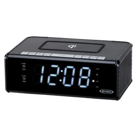Jensen QiCR-200 Dual Alarm Clock Radio with Qi Charging, White, 9.40in. x 5.00in. x 3.00in.