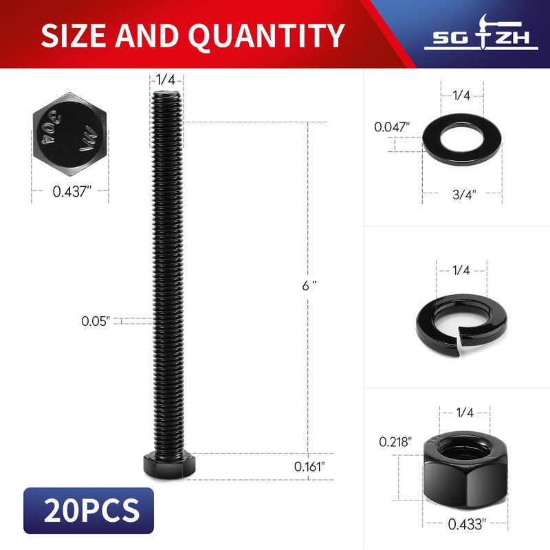 1/4-20 x 6 Hex Head Screw Bolt, Nuts, Flat &