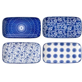 Cerkik Rectangle Serving Plates Set - 9.5 Inch Large Rectangular Ceramic Dinner Pasta Dessert Dishes for Sushi Salad Appetizer - Oven Microwave Dishwasher Safe - Set of 4 - Vintage Blue