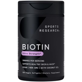 Sports Research® Biotin 5,000mcg with Organic Coconut Oil - Biotin (Vitamin B7) for Healthy Skin and Hair Support* - for Women and Men - Vegan, Non-GMO, Gluten & Soy-Free - 120 Veggie Softgels