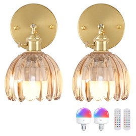 Shenmoyl Vintage Battery Operated Wall Sconce with Amber Tulip Glass Lampshade 5000 mAh Rechargeable Battery Powered Wall Light with Remote Control for Bedside Bedroom Doorway, Set of 2