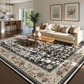 Softlife Washable Rug for Living Room, Black Camel 9x12 Non-Slip Rugs for Kitchen, Oriental Indoor Mat Under Dinning Table, Mordern Print Home Carpets with Rubber Backing for Kids