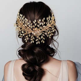 FUILUA Bridal Headband,Rhinestone Crystal Floral Wedding Headpiece Flower Leaf Hair Accessories for Bride Wedding (Champagne)