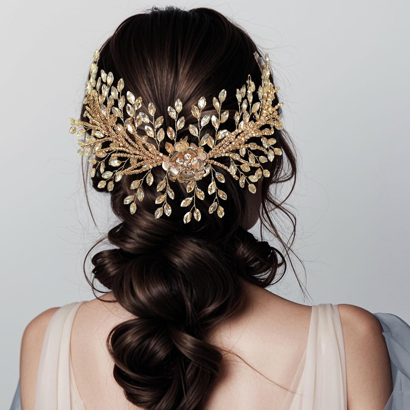 FUILUA Bridal Headband,Rhinestone Crystal Floral Wedding Headpiece Flower Leaf Hair
