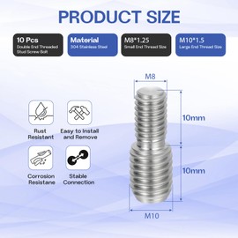 HiPicco M8x10mm to M10x10mm Double End Threaded Stud Screw Reducing Bolt,304 Stainless Steel Thread Reducer Adapter for Furniture Fastener Welding, Hardware Connectors 10 Pack