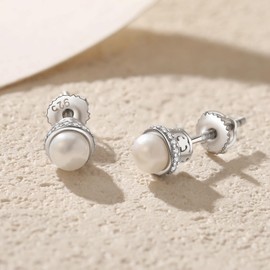 YAMI 925 Sterling Silver Pearl Earrings with Screw Back, Freshwater Cultured Pearls White Gold Plated Earrings Studs for Women Men