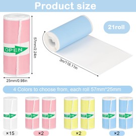 21 Rolls of Thermal Paper for Children's Camera, 15 Rolls White and 6 Rolls Colourful Mini Printer Paper, Thermal Printer Paper for Children, Instant Cameras and Small Photo Printers (57 x 25 mm)