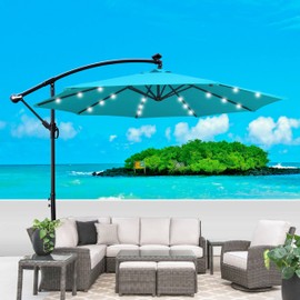 10 ft Deck Umbrella with Base, Cantilever Offset Patio Umbrella with Solar Lights & Crank, Outdoor Market Umbrella for Sunshade, Backyard Balcony Garden Lawn Pool Umbrella UV Protection, Turquoise