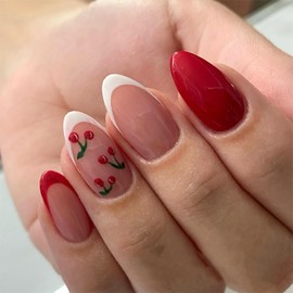 Red White French Tip Press on Nails Medium Almond Fake Nails Cherry Design Glue on Nails Glossy Artificial Stick on Nails Reusable Acrylic Nails for Women