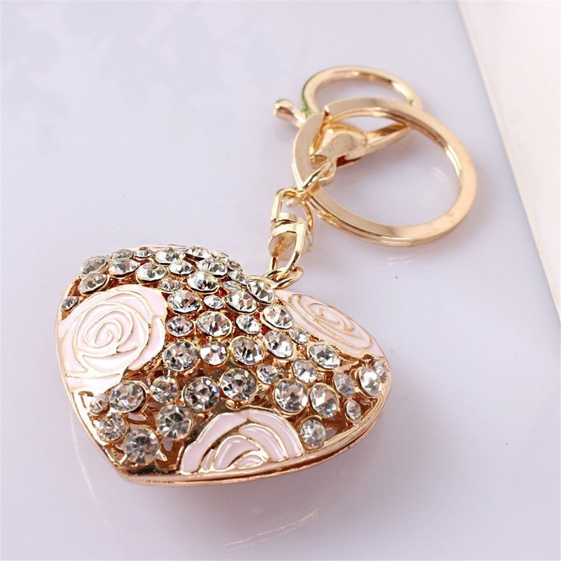 Love Heart Rose Flower Crystal Charm Pendant Purse Bag Key