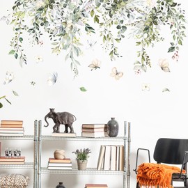 ZARROUEA Flower Wall Sticker Eucalyptus Leaves Green Tulips Flower Birds Butterflies Green Leaves Plants, Scandinavian Flower Tree Wallpaper Sticker, Stylish Sticker, Wall Sticker Decoration, DIY