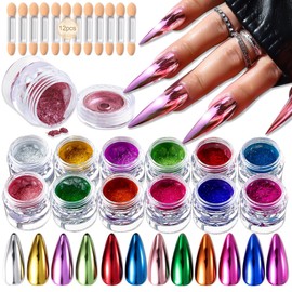 Chrome Nail Powder Kit 12 Colors Holographic Metallic Mirror Effect Chrome Pigment Glitter Dust for Nail Art Gel Polish Decoration Resin Craft Manicure Home DIY Salon Use
