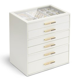 Vlando 6-Drawer Jewelry Box with Glass Lid, Faux Leather Organizer for Rings, Earrings, Necklaces and More, Gift-Ready Jewelry Case for Women Girls or Moms, Beige