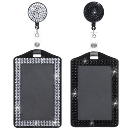 2 Pcs Bling ID Badge Holder, Vertical Badge Holder Retractable Crystal Neck Lanyard Rhinestone Name Badges Portable Rhinestone Work Badges Reel Clip for Office Business Home Black White