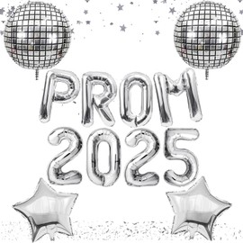 Prom 2025 Balloons, Graduation Decorations 2025 Banner Star Prom Disco Ball Foil Balloons for High School College Graduation Night Party Props (Silver)