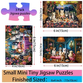Small Jigsaw Puzzles for Adults 150 Pieces Vintage Painting Mini Jigsaw Puzzles Oil Painting Challenging Mini Puzzles Tiny Jigsaw Puzzles 6 x 4 Inches, 3 Pcs,Cat&puppy in party Mini Easel Included