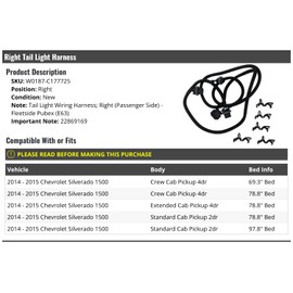 Right Passenger Side Tail Light Harness - Compatible with 2014-2015 Chevy Silverado 1500