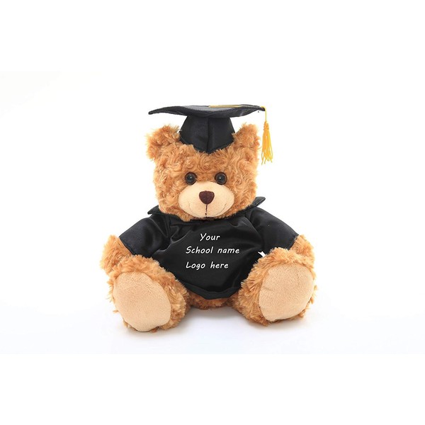Plushland Plush Teddy Bear - Mocha Color for Graduation Day, Personalized Text, Name or Your School Logo on T-Shirt, Best for Any Grad School Kids, Boys, Girls A (6 Inches)